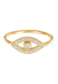Anello in metallo dorato con design a forma di occhio, adornato con piccole pietre preziose trasparenti e una pietra centrale simile a un diamante.