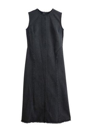 Ärmelloses schwarzes Denim-Midikleid mit rundem Ausschnitt, vertikalen Nahtdetails und rohem Saum am unteren Rand.