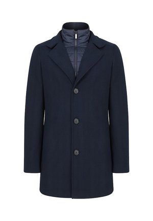 Granatowy płaszcz z mieszanki wełny z ostrym kołnierzem, wewnętrzną warstwą na suwak i pięcioma guzikami. Charakteryzuje się gładką teksturą i uporządkowaną sylwetką.