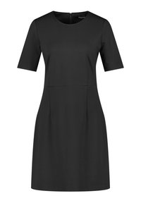 Robe noire à manches courtes avec un col rond et des plis subtils, confectionnée dans un tissu lisse. Elle dispose d'une fermeture éclair dans le dos pour un enfilage facile.