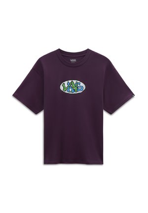 Purple short-sleeve t-shirt made of cotton with a graphic "VANS" logo in blue and green on a white oval background.