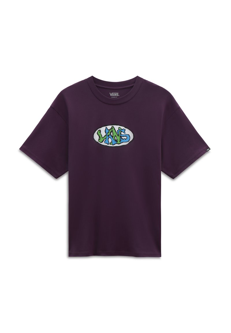 Lilla kortærmet t-shirt lavet af bomuld med et grafisk "VANS" logo i blå og grøn på en hvid oval baggrund.