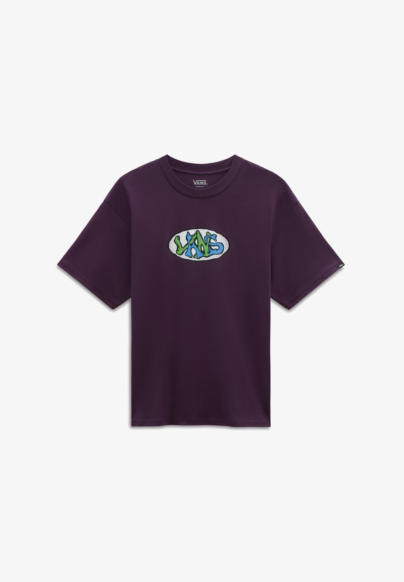 Camiseta de manga corta morada hecha de algodón con un gráfico del logo "VANS" en azul y verde sobre un fondo ovalado blanco.