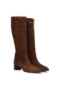 Bruine suède kniehoge laarzen met een blokhak, met een gladde textuur en een taps toelopend ontwerp. Opvallend zijuitsnede detail.
