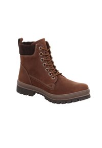 Hnědé kožené kotníkové boty s šněrováním vpředu, polstrovaným límcem a gumovou podešví. Mají kontrastní prošívání a robustní design.