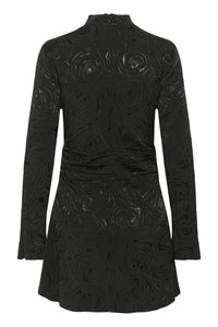 Black dress with long sleeves, high neckline, and textured floral pattern. Features a fitted waist and flared hem, adding shape and detail.
