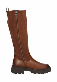 Botas marrones de ante y cuero hasta la rodilla con cremallera lateral, suela de goma texturizada y estilo de plataforma gruesa.