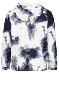 Sudadera con capucha que presenta un patrón de tie-dye en navy y blanco. Confeccionada en una tela suave y texturada, con mangas largas y un corte relajado.