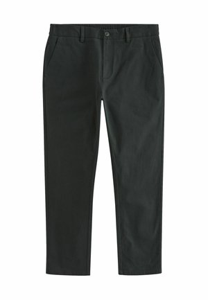 Black, straight-leg trousers made of cotton blend. Features a zip fly, button closure, and two front pockets. Smooth texture, tailored fit.