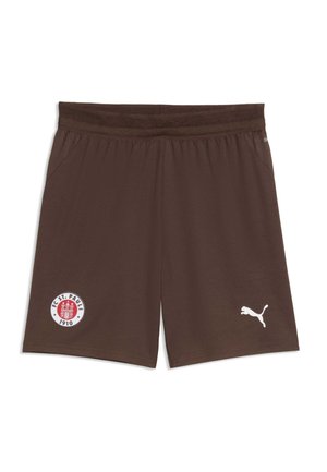 Bruine sportshorts met elastische tailleband met FC St. Pauli 1910-logo op het linkerbeen en wit Puma-logo op het rechterbeen.