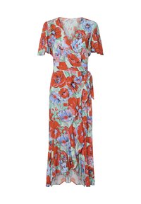 Robe portefeuille florale dans des teintes de rouge, bleu et vert. Dotée d'un décolleté en V profond, de manches courtes et d'une taille à nouer. Tissu léger avec un ourlet fluide.