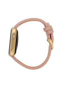 Smartwatch dorato con quadrante rettangolare nero, ornato da una fila di cristalli, attaccato a un cinturino in pelle rosa con chiusura dorata.