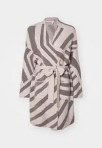 Beige köntös barna zig-zag csíkokkal, puha textíliából készült. Övvel záródik és két elülső zsebbel rendelkezik. Hosszú ujjú, nyitott elülső résszel.