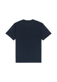 Navyblauwe katoenen t-shirt met korte mouwen en een ronde hals, met een effen ontwerp en zachte textuur. Alleen achteraanzicht.