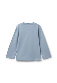 Hellblauses langärmeliges Crewneck-Shirt von hinten auf einem weißen Hintergrund gezeigt.