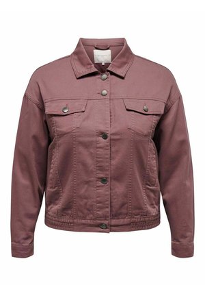 Burgundská džínová bunda s límečkem, knoflíkovým zapínáním, dvěma náprsními kapsami a dlouhými rukávy s knoflíkovými manžetami. Hladká textura a jednolitý design.