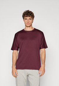 Bordeaux kortemouw t-shirt met ronde hals, gemaakt van zachte stof. Heeft een raglan-ärm ontwerp en een kleinigheid logo op de borst.