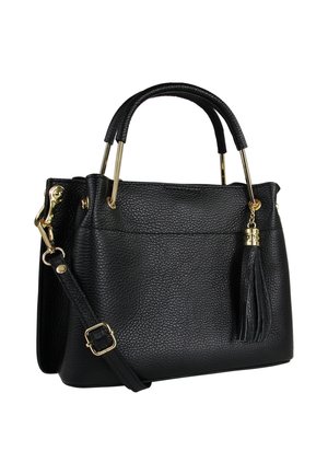 Zwarte leren handtas met een gestructureerd oppervlak, gouden beslag, handvatten aan de bovenkant, een afneembare schouderriem en een decoratieve kwast.