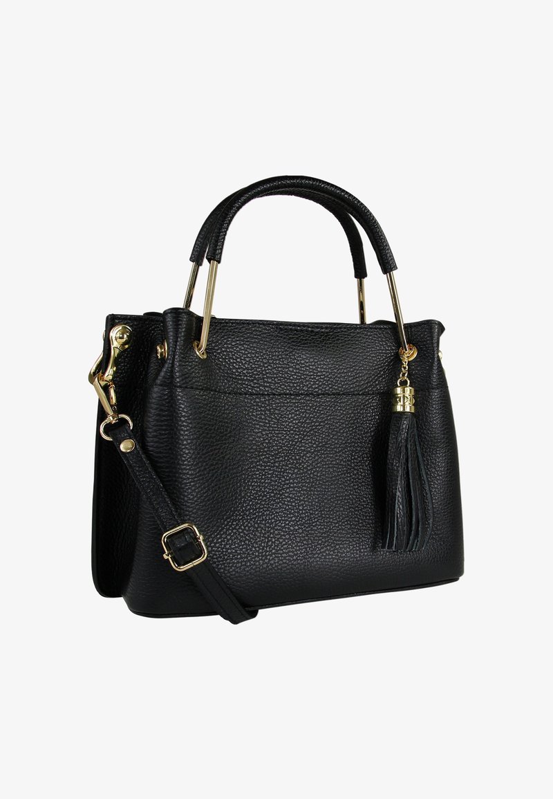 Zwarte leren handtas met een gestructureerd oppervlak, gouden beslag, handvatten aan de bovenkant, een afneembare schouderriem en een decoratieve kwast.