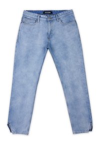 Světle modré džíny z denimu s předními kapsami, poutky na opasek, zapínáním na knoflík a mírným zúžením u kotníků s malými bočními rozparky.