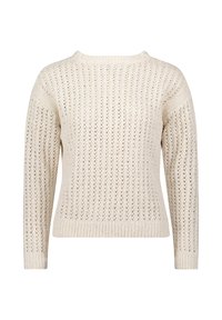 Sweter dzianinowy w kremowym kolorze z ażurowym wzorem, z długimi rękawami i okrągłym dekoltem, wykończony ściągaczem u dołu i na mankietach.