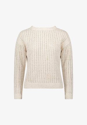 Striktrøje i cremefarve med hulmønster, der har lange ærmer og rund halsudskæring, afsluttet med ribbet kant og manchetter.