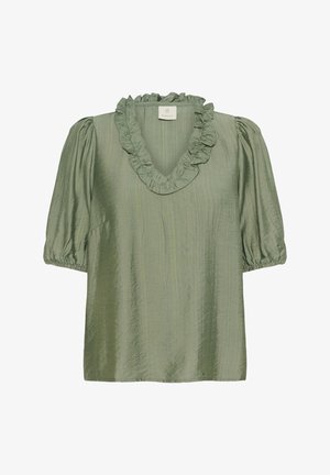 Olivivärvi pluus, millel on tekstureeritud viimistlus, lühikesed puhvvarrukad ja volangiline V-kaelus. Lihtne, mugav lõige.