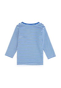 Camicia a maniche lunghe a righe in bianco e blu. Presenta un collo rotondo e tessuto morbido. Strisce orizzontali equidistanti sulla schiena.