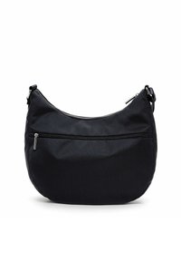 Borsa a spalla in nylon nero con una forma curvata, chiusura con zip e una tasca esterna. Presenta accenti in hardware argento elegante.