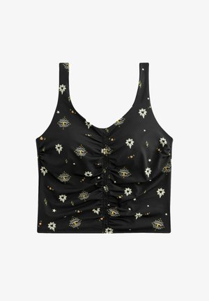 Top scurt negru cu decolteu rotund și bretele late, având un design plisat și modele florale celestiale multicolore.