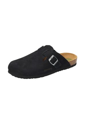 Black suede slip-on clog with adjustable silver buckle, cork footbed, and textured rubber sole, designed for comfort and casual wear.