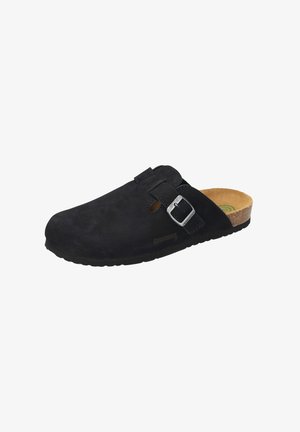 Schwarze Wildleder-Slipper mit verstellbarem silbernen Schnallenverschluss, Korkfußbett und strukturiertem Gummisole, entworfen für Komfort und lässigen Tragekomfort.