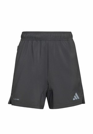 Czarne spodenki sportowe z elastycznym pasem, boczną kieszenią na zamek, małymi rozcięciami na bokach, materiałem ClimaCool oraz logo Adidas na przedniej prawej nogawce.