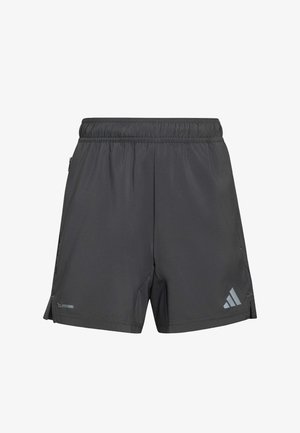 Crne sportske šortse s elastičnim pojasom, bočnim džepom sa zatvaračem, malim bočnim prorezima, ClimaCool tkaninom i Adidas logom na prednjoj desnoj nozi.