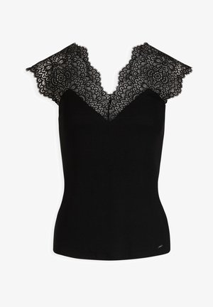 Schwarzes, geripptes Tanktop mit V-Ausschnitt und schwarzen Spitzenärmelchen mit gewellten Kanten und floralen Mustern. Weicher Stoff, taillierte Passform.