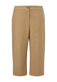 Beige cropped pants made of a smooth fabric. Features a front button closure, side pockets, and a straight-leg design.