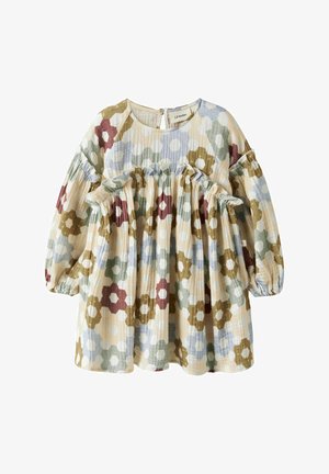 Vestido de manga larga hasta la rodilla con cintura fruncida, puños elásticos y estampado floral de hexágonos multicolores en tonos apagados de azul, verde, marrón y rojo.