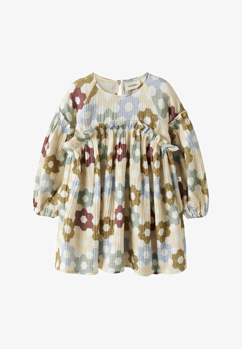 Abito a maniche lunghe fino al ginocchio con vita arricciata, polsini elasticizzati e motivo floreale esagonale multicolore in tonalità tenui di blu, verde, marrone e rosso.