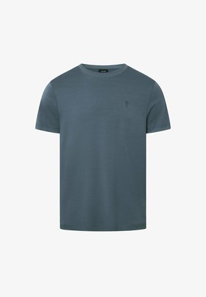 Blauwgrijs T-shirt met korte mouwen en een ronde hals met een klein geborduurd logo op de linkerborst.