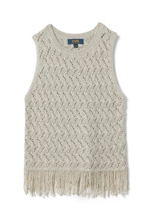 Ärmelloses beiges Stricktop mit Zickzackmuster und Fransen am Saum, rundem Ausschnitt und OVS Markenlabel an der Innenseite hinten.