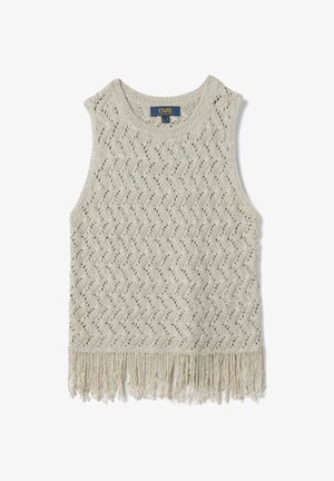 Mouwloze beige gebreide top met zigzagpatroon en franjes aan de zoom, ronde halslijn en een OVS-merkenlabel aan de binnenkant van de achterkant.