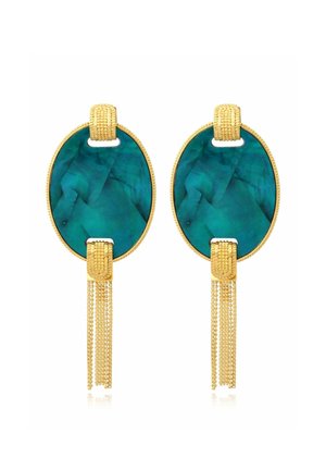 Boucles d’oreilles dorées avec de grandes pierres turquoises ovales et des pampilles en chaîne texturées suspendues en dessous.