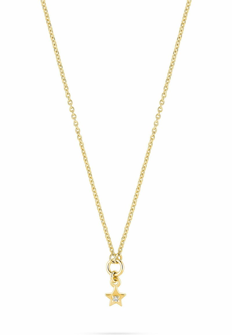 Goldene Kettenhalskette mit einem Sternanhänger. Der Stern hat einen kleinen klaren Edelstein in der Mitte und ist mit einer glatten, polierten Oberfläche gestaltet.