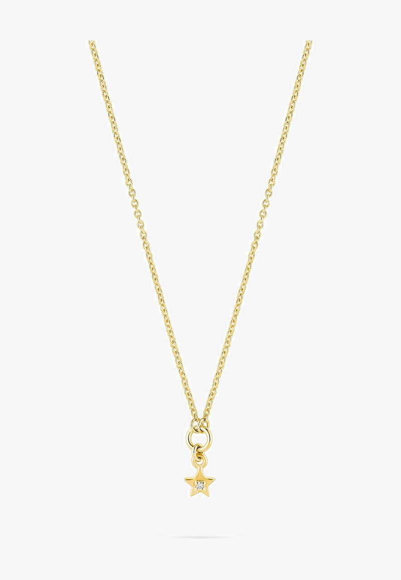 Goldene Kettenhalskette mit einem Sternanhänger. Der Stern hat einen kleinen klaren Edelstein in der Mitte und ist mit einer glatten, polierten Oberfläche gestaltet.