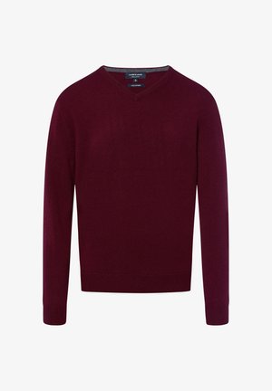 Pull en v bordeaux en tissu tricoté doux, avec des manches longues et des poignets et un ourlet côtelés. Comprend un détail subtil au niveau du col intérieur.