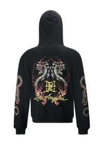 Felpa nera con cappuccio caratterizzata da grafiche frontali e posteriori di due serpenti, fiamme e testo "Los Angeles" in giallo con accenti colorati.