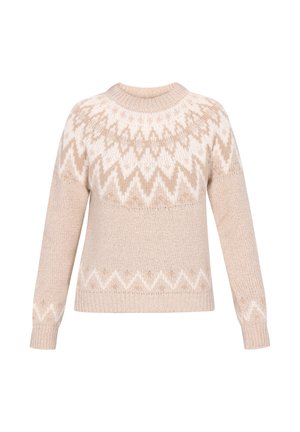 Béžový pletený svetr s kulatým výstřihem, dlouhými rukávy a vzorovaným sedlem se bílými geometrickými vzory. Měkká textura.