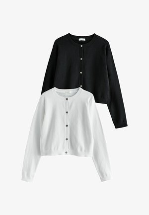 Schwarz-weiße, langärmelige, geknöpfte Cardigans mit Rundhalsausschnitt, flach liegend dargestellt, mit dem weißen Cardigan vorne.