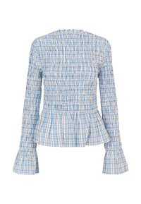 Blusa xadrez azul e branca com textura franzida, bainha em peplum e mangas largas. O material parece leve e ligeiramente elástico.