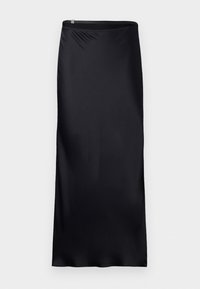 Falda negra de longitud hasta el suelo, hecha de una tela suave y ligera. Presenta un diseño simple con una cinturilla sin costuras y un detalle de cremallera.